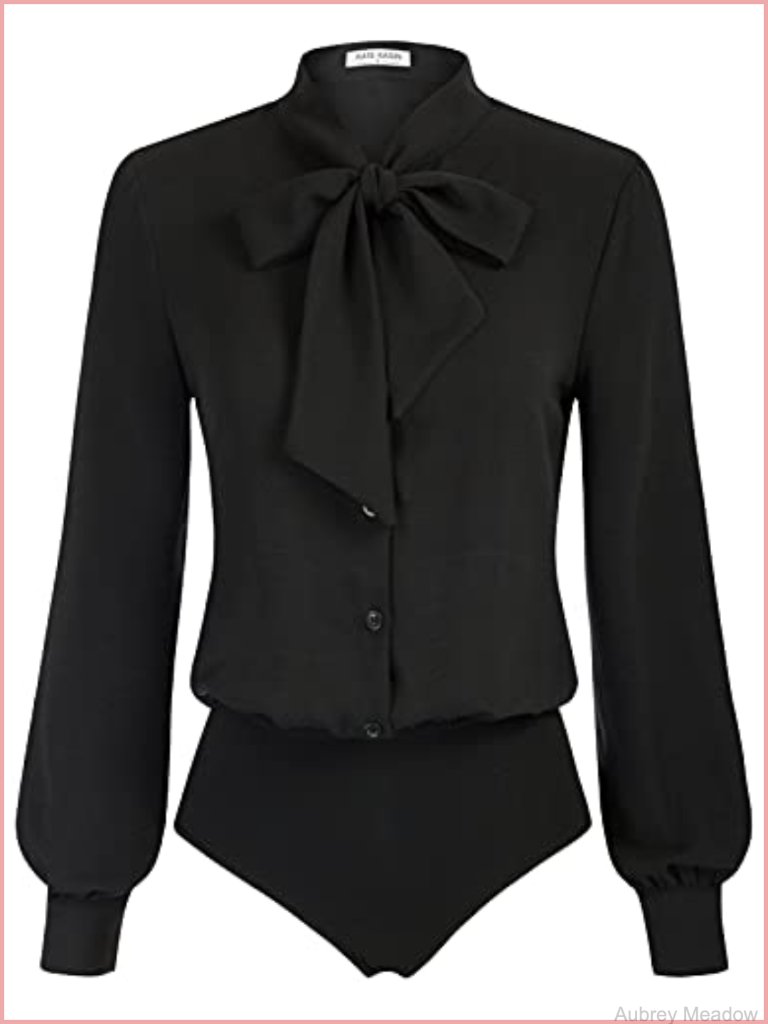 Bow Tie Neck Blouse Bodysuit Button Down Long Sleeve Business Casual Work Office